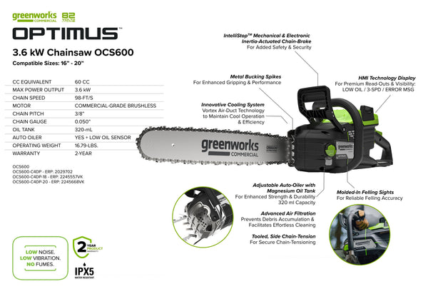 82V OPTIMUS 3.6kw 20" Chainsaw Kit with CORE400 Battery & DP Charger | OCS600-C4DP-20 - Image 3