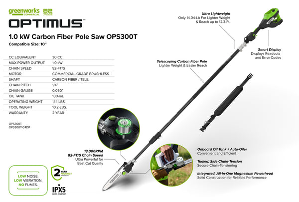 82V OPTIMUS 10" Polesaw with Carbon Fiber Shaft with CORE300 Battery and Charger | OPS300T-C3DP - Image 2